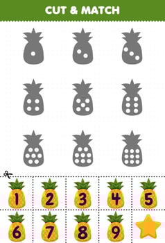 Educational game for kids count the dots on each silhouette and match them with the correct numbered pineapple fruits printable worksheet vector