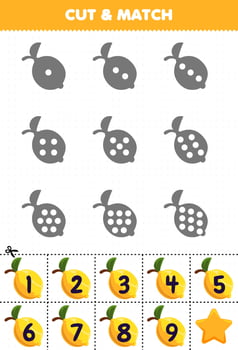 Educational game for kids count the dots on each silhouette and match them with the correct numbered lemon fruits printable worksheet vector