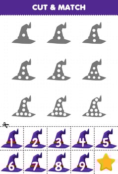Educational game for kids count the dots on each silhouette and match them with the correct numbered purple wizard hat halloween printable worksheet vector