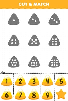 Educational game for kids count the dots on each silhouette and match them with the correct numbered yellow corn candy halloween printable worksheet vector