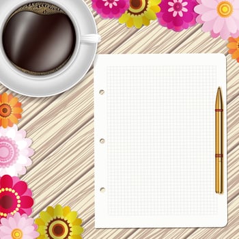 Cup of coffee, flowers, pen and paper on a wooden table. Greeting floral card. Vector flat lay design.