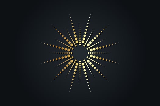 Gold Dotted sun rays. Golden sunburst background, logo design, Shiny Halftone effect, vector illustration isolated on black template