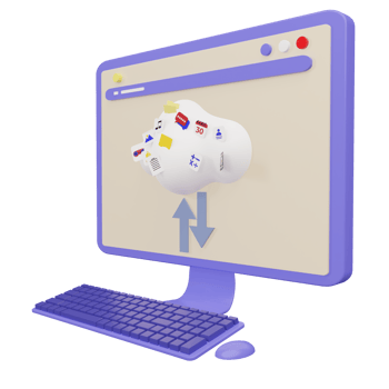 3d rendering of desktop computer uploading and downloading files in cloud storage png