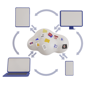 3d cloud with computer, laptop and mobile phone application files, data backup concept png