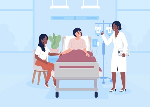 Therapist visiting sick woman in ward flat color vector illustration. Hospital treatment. Patient care. Fully editable 2D simple cartoon characters with clinic interior on background