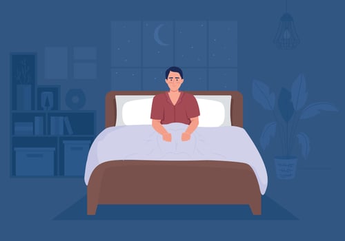 Man suffering from insomnia in bedroom flat color vector illustration. Stress and anxiety. Sleep disorder impact. Fully editable 2D simple cartoon character with interior on background