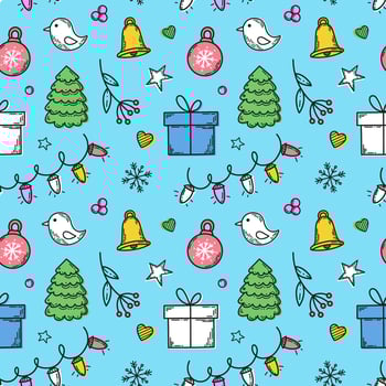 Festive seamless winter pattern with hand drawn sketch elements vector