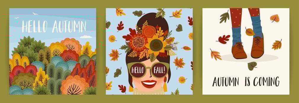 Set of autumn illustrations with cute girl. Vector design for card, poster, flyer, web and other use.
