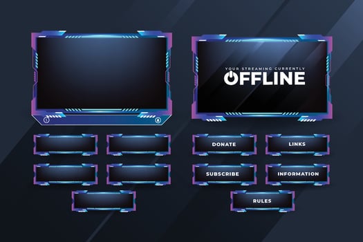 Live screen border and button decoration vector for gamers. Screen overlay panel design with blue and purple colors. Broadcast streaming screen overlay vector with modern shapes.