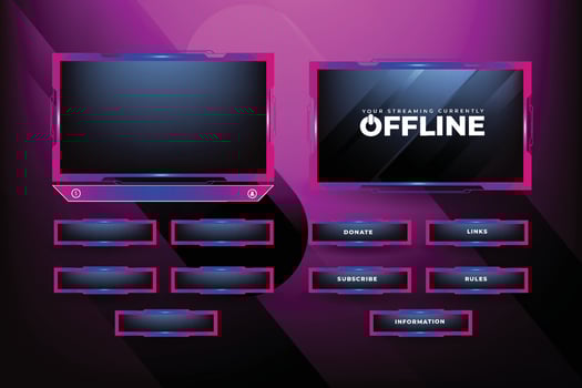 Live streaming overlay decoration with girly pink and blue color shade. Online gaming screen panel and border design for gamers. Live broadcast elements vector with colorful buttons.