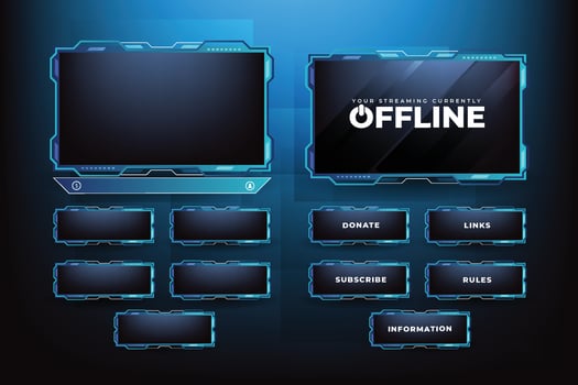 Futuristic gaming screen panel and border design vector. Live gaming overlay decoration with blue color shade and dark background. Modern streaming overlay vector with colorful buttons for gamers.