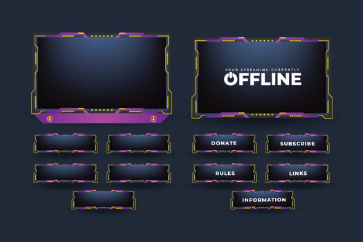 Live screen panel decoration with yellow and purple colors. Streaming icon elements with an offline screen vector. Live broadcast or streaming overlay panel decoration vector for gamers.