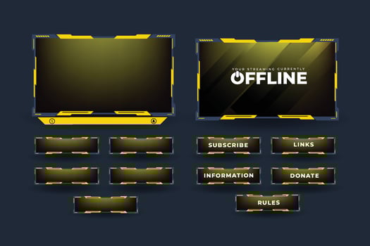 Live streaming screen overlay vector for online gamers. Broadcast streaming overlay with yellow and dark colors. Live gaming overlay decoration with subscribe buttons and an offline screen.