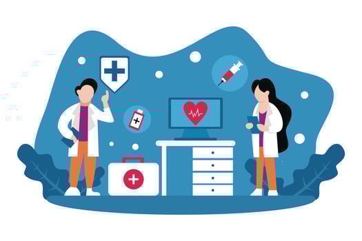 illustration vector graphic of two doctors are monitoring the heart rate monitor screen, showing medical equipment, perfect for medical, healthy, pharmacy, hospital, etc.