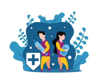 illustration vector graphic of two people holding an injection and serum, showing a plus sign shield, perfect for healthy, medical, hospital, pharmacy, etc.