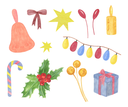 Traditional winter holidays set, watercolor candle, candy canes, stars, holly leaves and berries, present, bell png