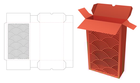Japanese two flips box die cut template and 3D mockup vector