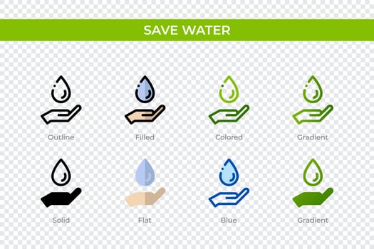 Save water icon in different style. Save water vector icons designed in outline, solid, colored, filled, gradient, and flat style. Symbol, logo illustration. Vector illustration