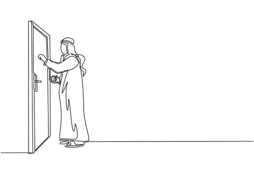 Single continuous line drawing Arab businessman knocking at door. Man standing at entrance of room knocking door. Male in traditional clothes is knocking at door. One line draw graphic design vector