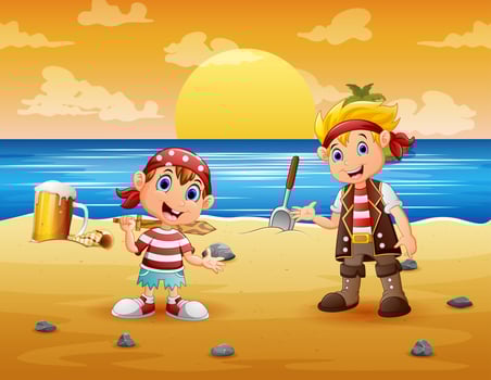 Cartoon illustration of two pirate kids in the beach vector