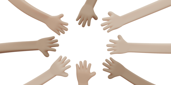 Hand reaching to the middle concept of team work 3d render png