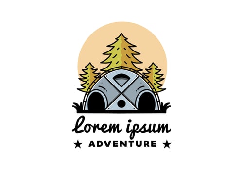 Big family tent and pine trees illustration badge design vector