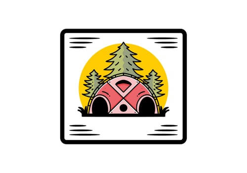 Big family tent and pine trees illustration badge design vector