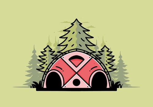 Big family tent and pine trees illustration badge design vector