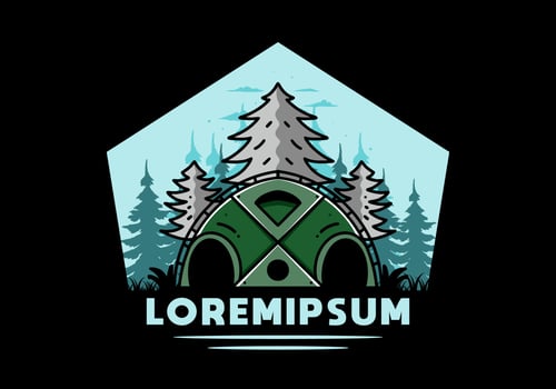 Big family tent and pine trees illustration badge design vector