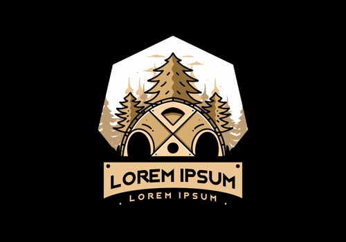 Big family tent and pine trees illustration badge design vector