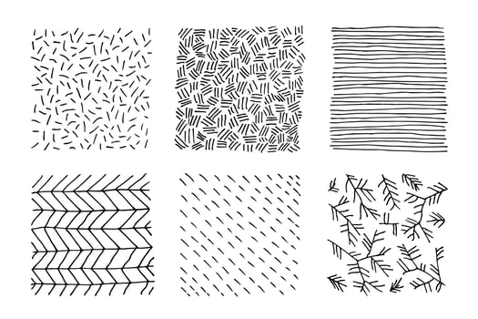 Set of hand-drawn black and white textures with dots, circles, semicircles, lines and dashed strokes. Hand-drawn forms of doodles. Spots, drops, curves, lines. vector