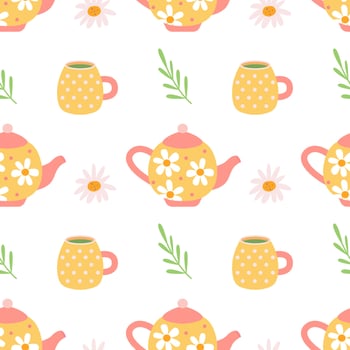 Teapots and mugs with tea, daisies on white background, vector seamless pattern in flat hand drawn style