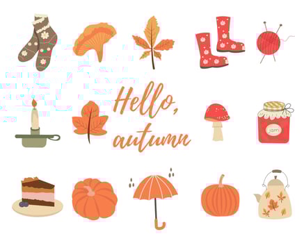 Vector set of autumn icons sweater, falling leaves, cozy food, candles, books, and pumpkin. Collection of clippings with elements of the autumn season.