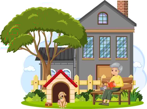 Grandmother reading book in front of house vector