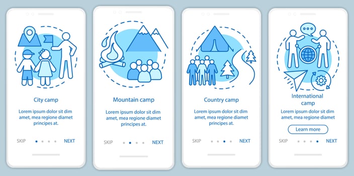 Travelling, nature camps onboarding mobile app page screen with linear concepts. Camping vacation, trip walkthrough steps graphic instructions. UX, UI, GUI vector template with illustrations