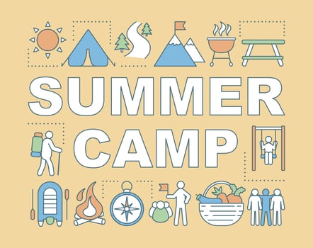 Summer camp word concepts banner. Outdoor activities, country vacation. Hiking and trekking. Presentation, website. Isolated lettering typography idea with linear icons. Vector outline illustration