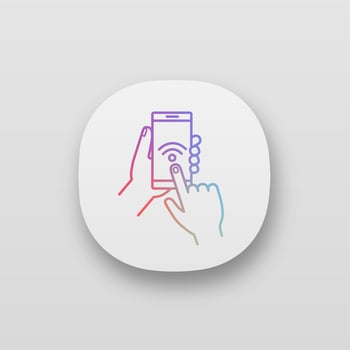 Hands holding NFC smartphone app icon. UIUX user interface. NFC phone. Near field communication. Mobile phone contactless payment. Web or mobile application. Vector isolated illustration