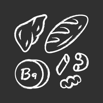 Vitamin B9 chalk icon. Bread, liver and pasta. Meat and flour products. Healthy eating. Folic acid natural food source. Proper nutrition. Minerals, antioxidant. Isolated vector chalkboard illustration