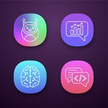 Chatbots app icons set. UIUX user interface. Virtual assistants. Code, statistics, support chat bots. Modern robots. Digital brain. AI. Web or mobile applications. Vector isolated illustrations