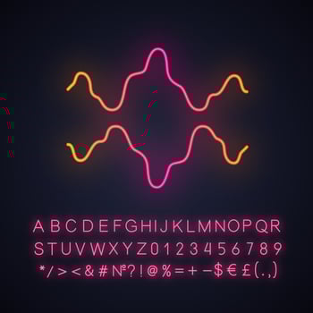 Abstract fluid waveforms neon light icon. Music rhythm, digital soundwave, frequency curves. Asymmetrical wavy lines. Glowing sign with alphabet, numbers and symbols. Vector isolated illustration
