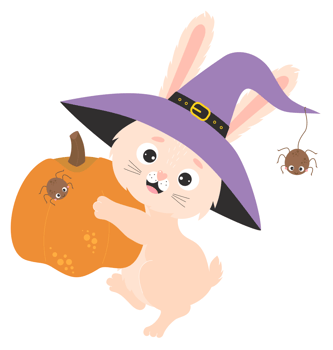 sticker cute Halloween. rabbit in witchs hat with  pumpkin png