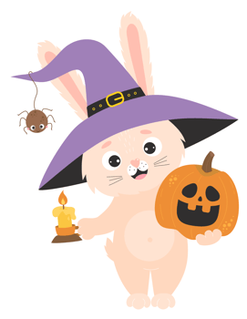 sticker Halloween. Rabbit character in witch hatand  pumpkin Jack png