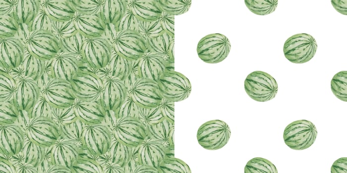 Seamless Watercolor seamless solid background pattern with whole green round watermelon. Summer template background with fruit for postcards and cards vector