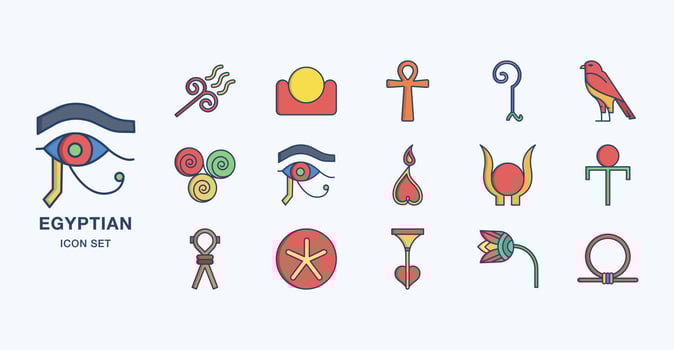 Ancient Egyptian symbols linear coloured icon set vector