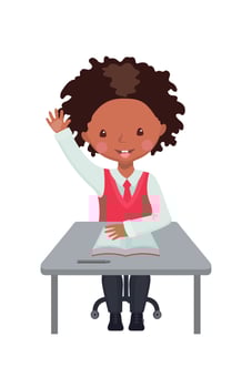 Cute African American boy raising hand in the classroom for an answer isolated on white background. Pupil sitting at the desk with raised hand. Education concept. Vector illustration.