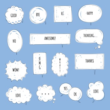 collection set of hand drawn blank speech bubble balloon, black and white color, flat design vector illustration