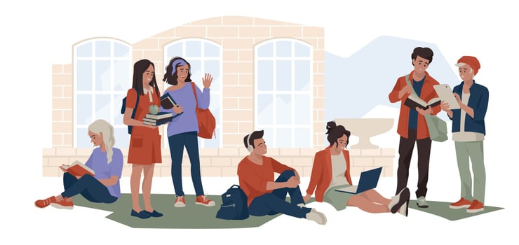 Student life. Schoolchildren and students rest in the courtyard of the campus. The girl is reading. Student with a laptop. The guy listens to music. Vector image.