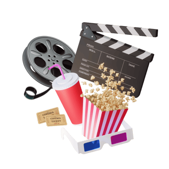Online cinema art movie watching with popcorn, 3d glasses and film-strip cinematography concept. png
