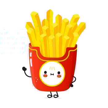 Cute funny french fries waving hand character. Vector hand drawn cartoon kawaii character illustration icon. Isolated on white background. French fries character concept
