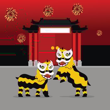 illustration vector graphic of two lion dance performances in front of the china gate, perfect for chinese day, religion, holiday, culture, greeting card, etc.